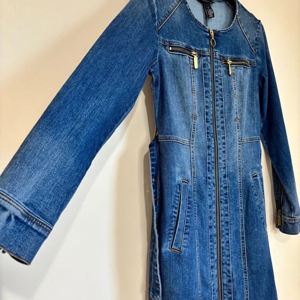 BWT INC International Concepts denim blue shirtdress gold zipper trench dress 2 - Picture 5 of 16
